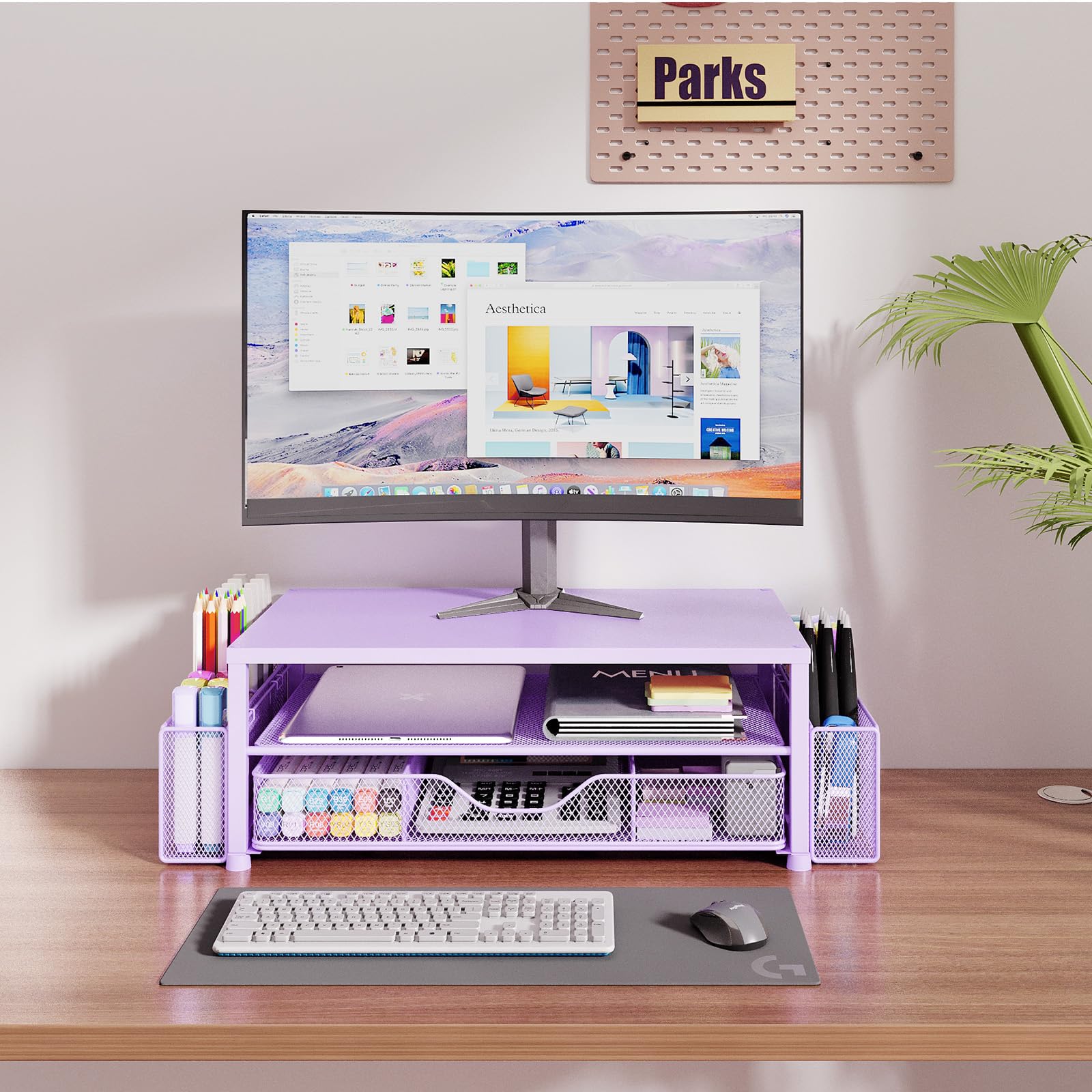 OPNICE close-up of built-in drawer storing cables and small supplies for quick access