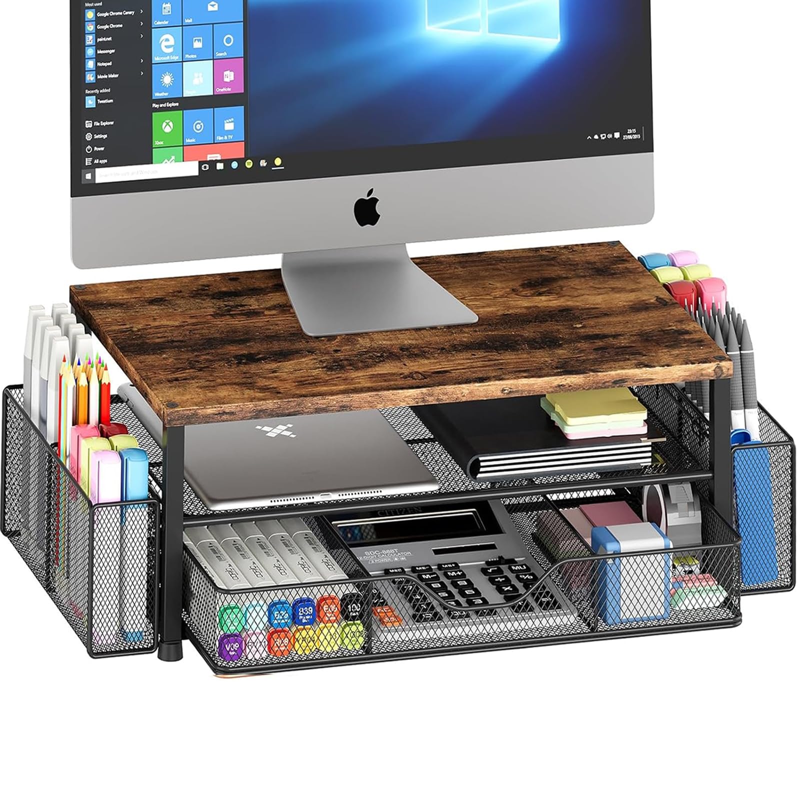 OPNICE front view of brown monitor stand riser showing elevated screen and tidy desk benefit