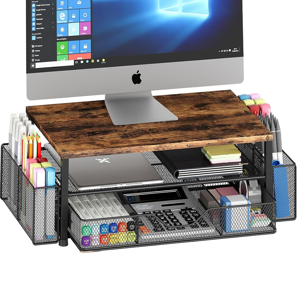 OPNICE front view of brown monitor stand riser showing elevated screen and tidy desk benefit