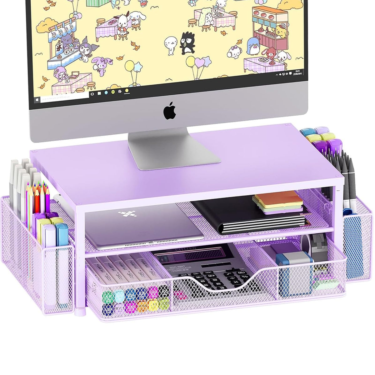 OPNICE front view of monitor stand riser showing organized workspace and improved ergonomics