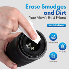 Person cleaning eyeglasses with OPTEEL wipe demonstrating streak-free clarity benefit