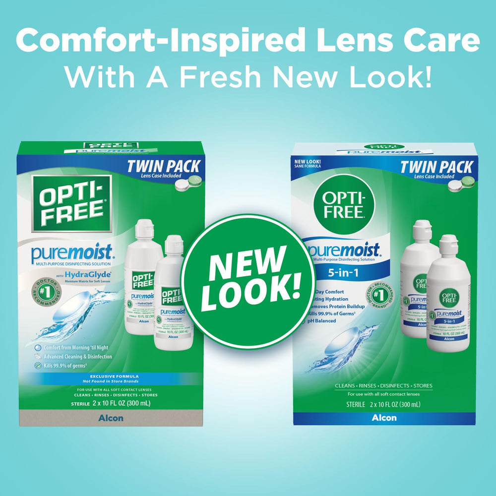 Opti-Free Puremoist lens case beside bottles illustrating included storage and daily routine