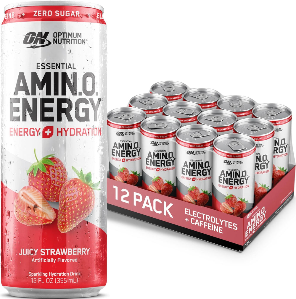 Optimum Nutrition front can showing Juicy Strawberry flavor and benefit of energy