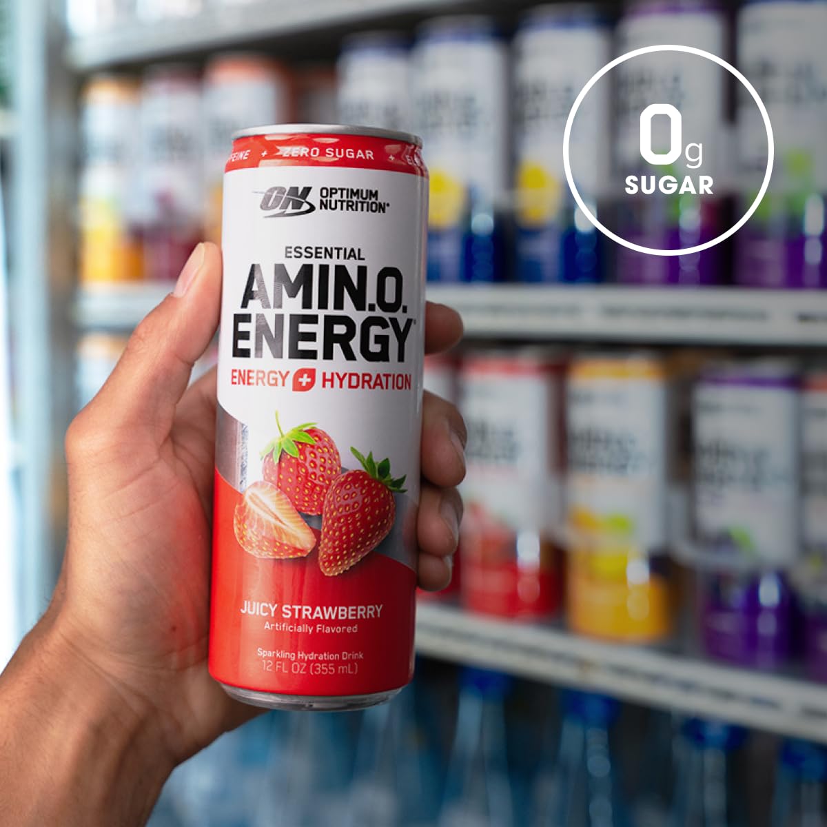 Optimum Nutrition hand holding can showing on-the-go convenience and focus benefit