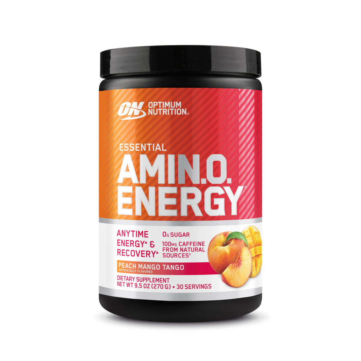 Optimum Nutrition front packaging showing Peach Mango Tango flavor and benefits