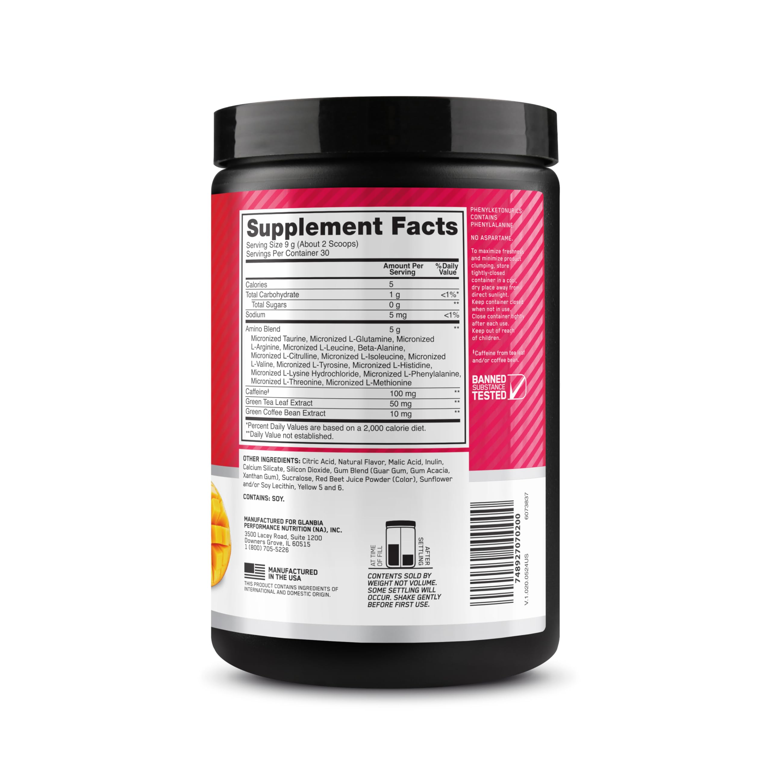 Optimum Nutrition powder in a gym setting showing energy and focus support