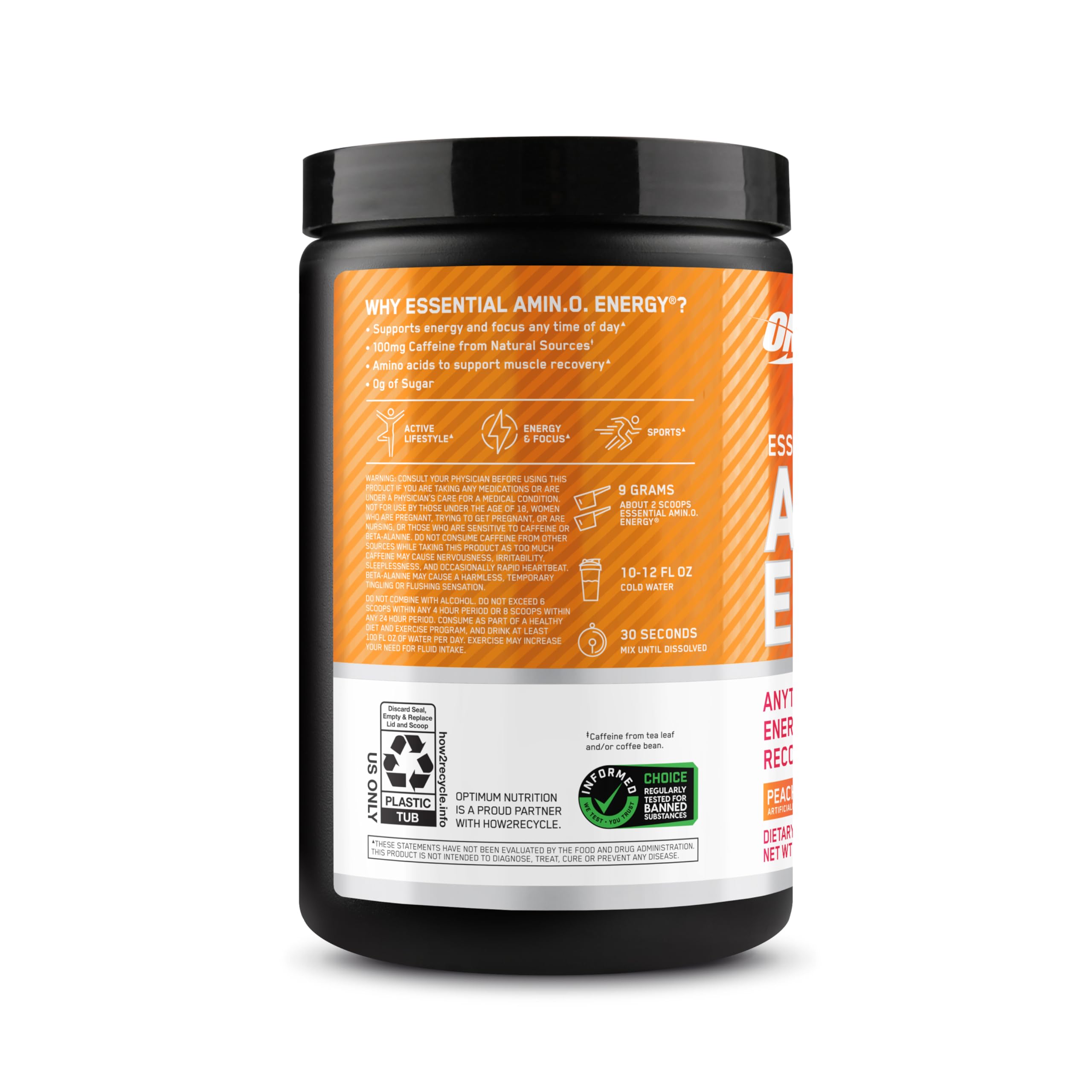 Optimum Nutrition 9.5 oz tub next to a ruler for accurate size comparison
