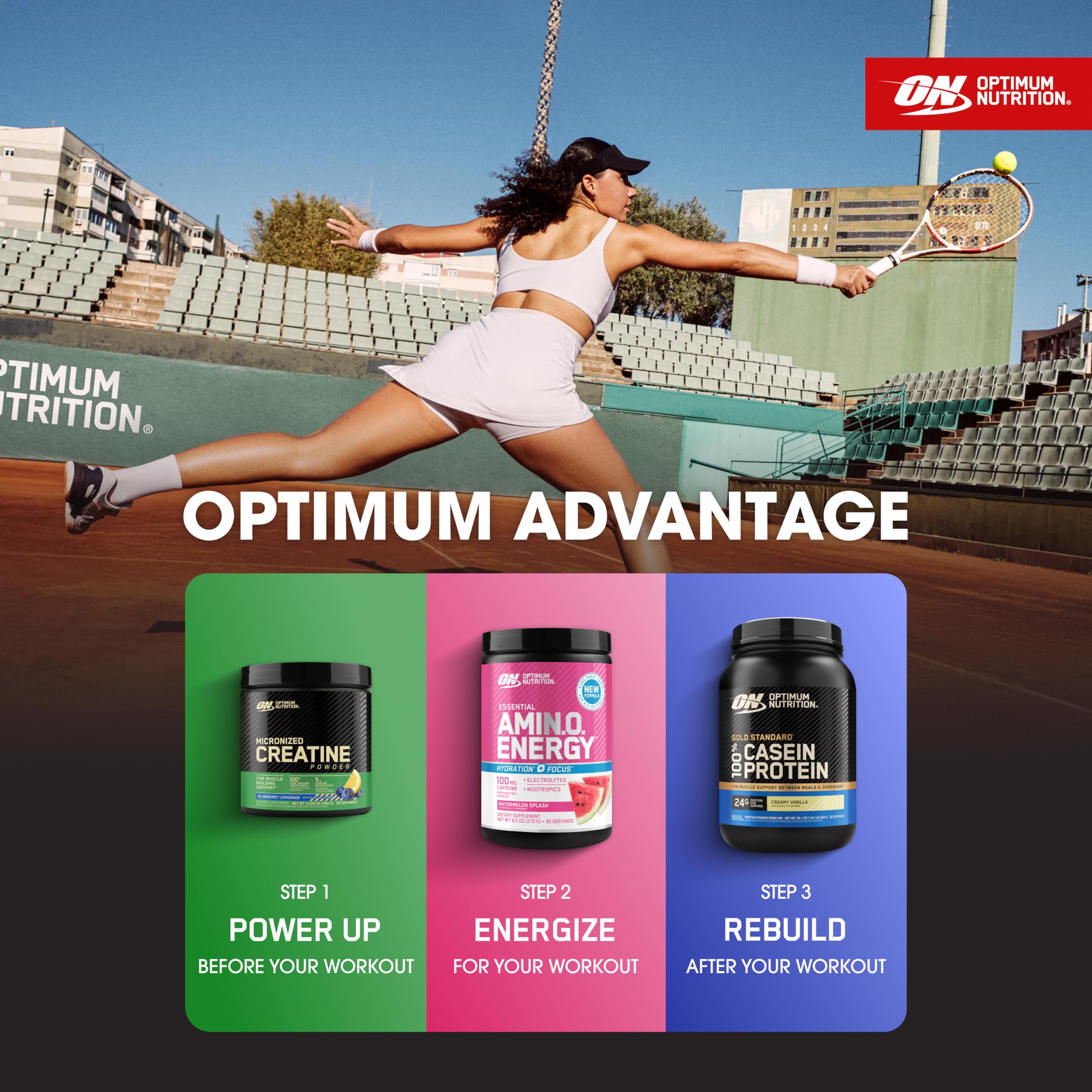 Optimum Nutrition container tucked in gym bag for travel convenience