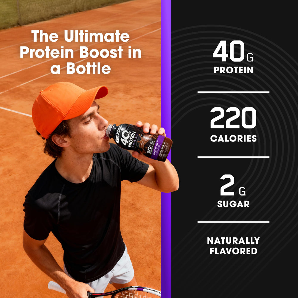Optimum Nutrition chocolate shake poured into a glass showing smooth consistency