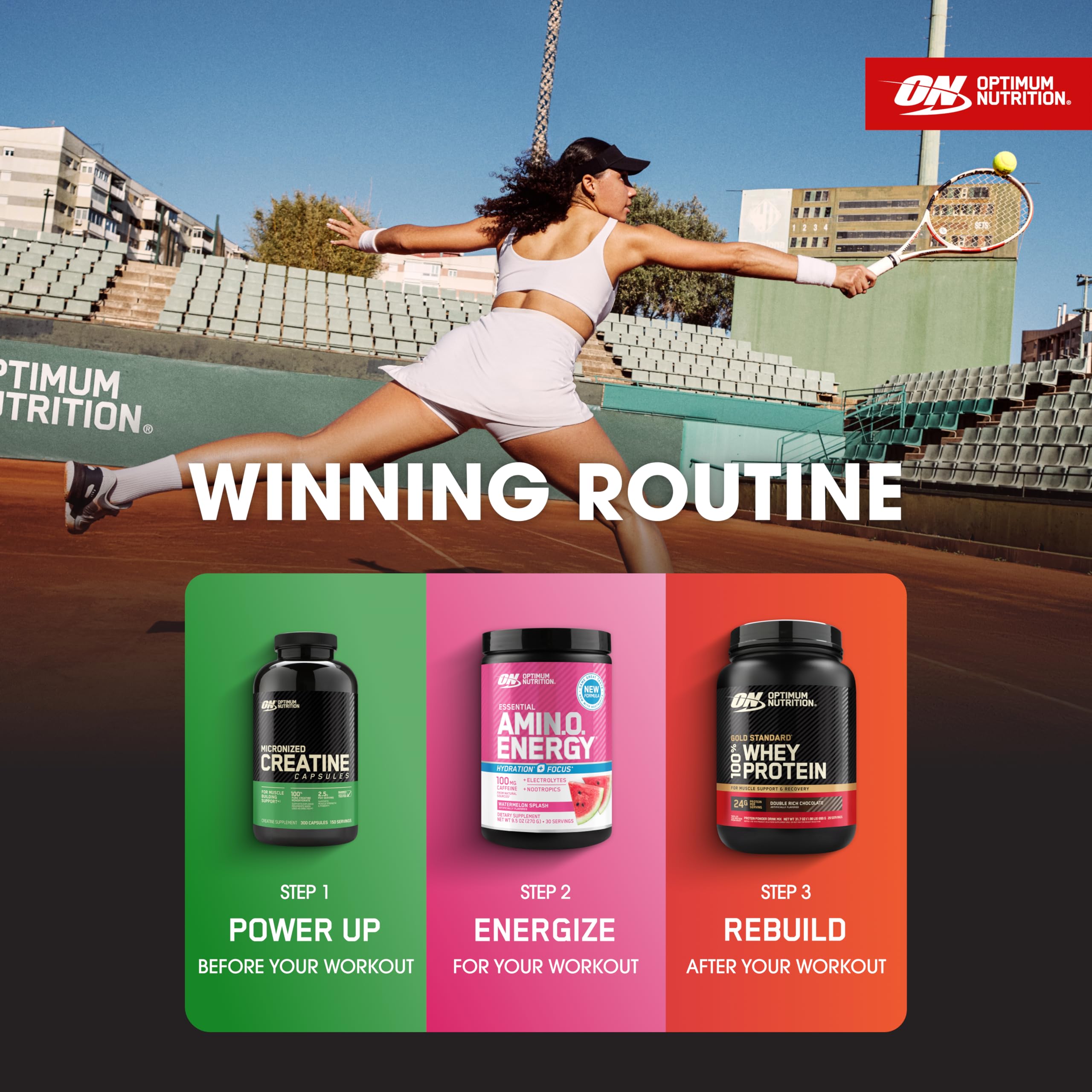 Gym bag with Optimum Nutrition bottle showing post-workout convenience and readiness