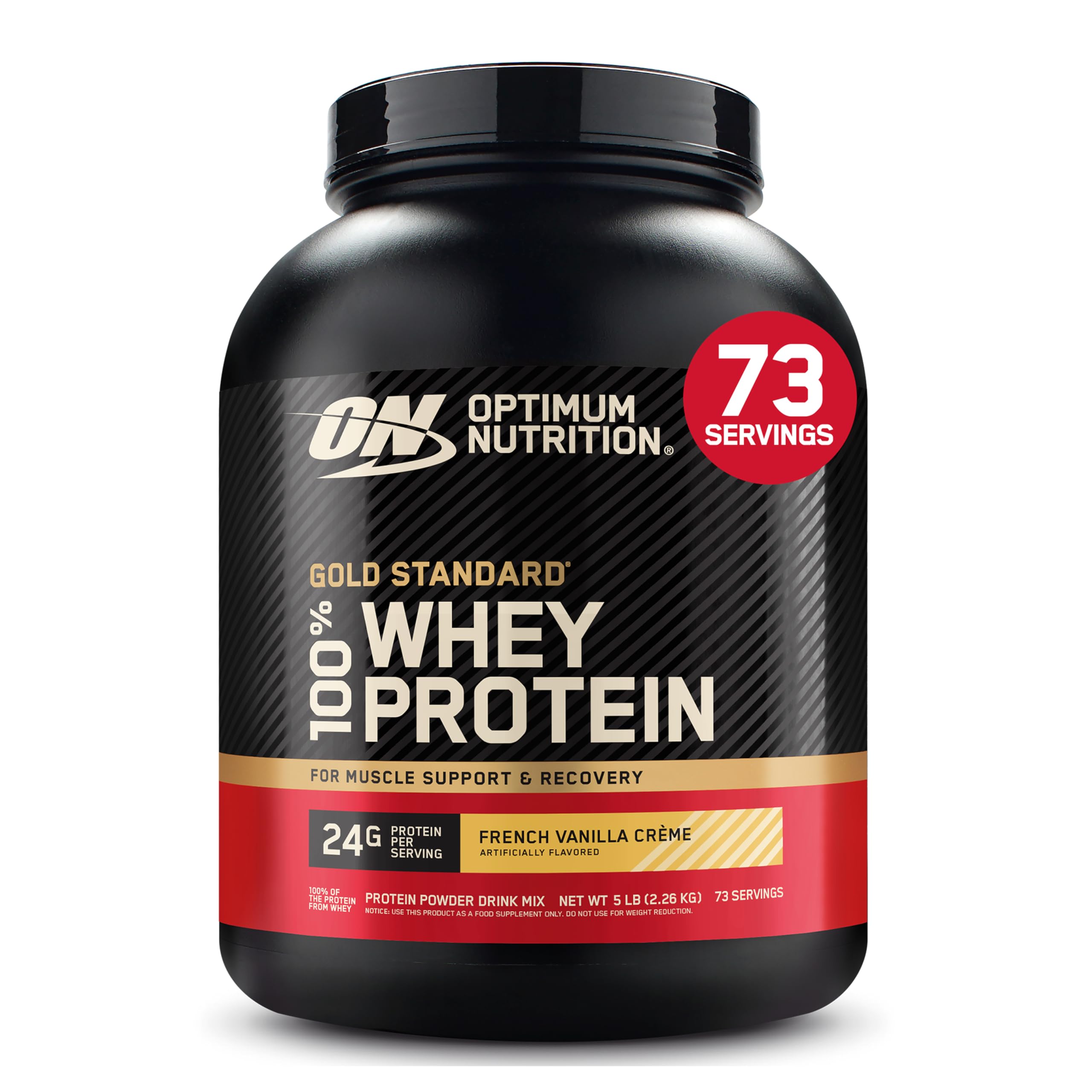 Optimum Nutrition tub front view showing 5 lb size and branding, ideal for regular use
