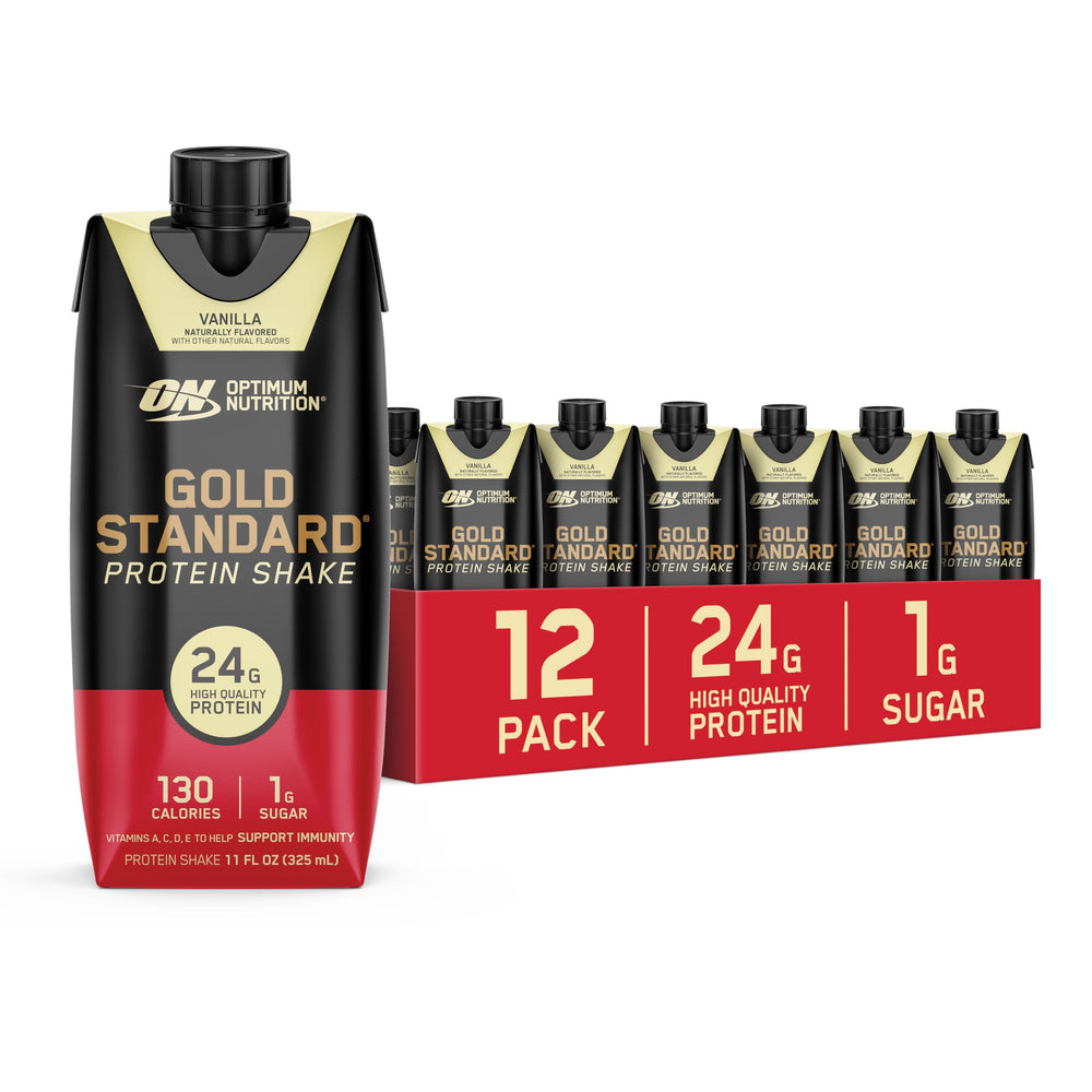 Optimum Nutrition front packaging showing vanilla bottle and easy grab-and-go benefit