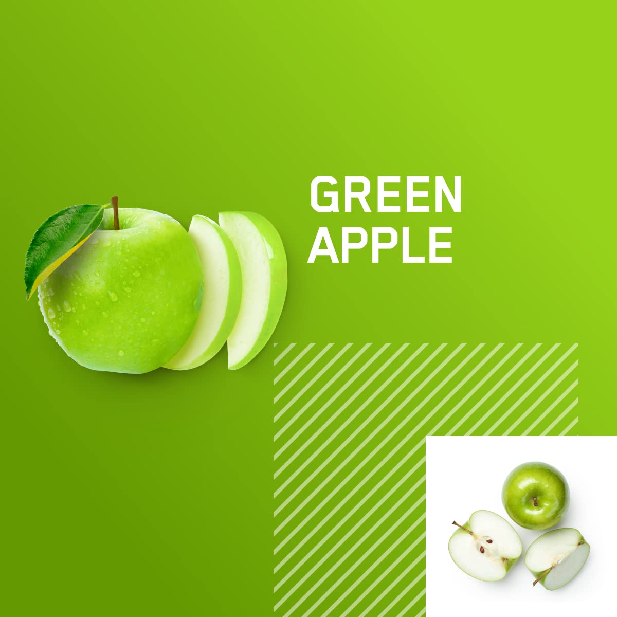 Optimum Nutrition open tub revealing fine green apple powder for easy scooping and mixing