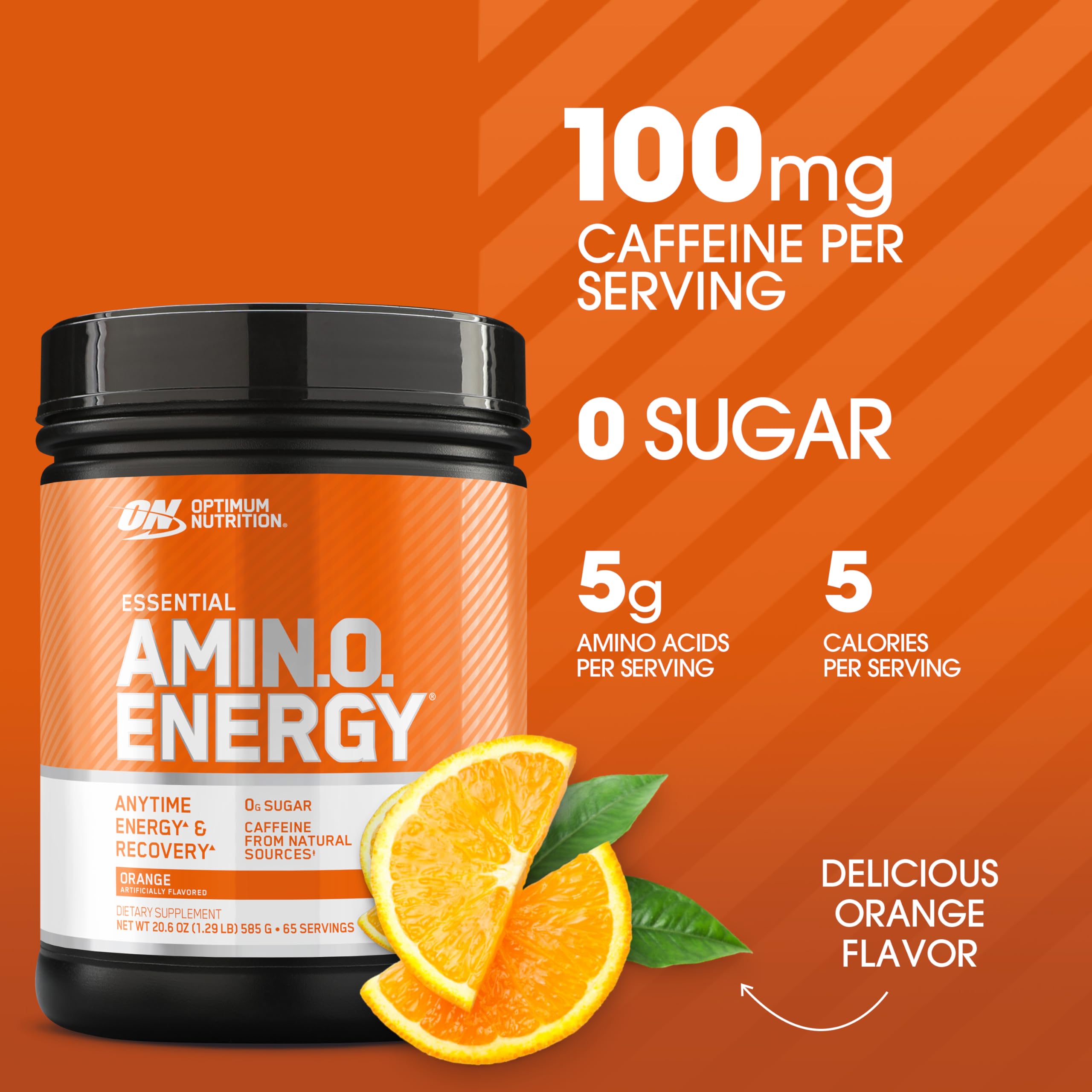 Optimum Nutrition open tub with orange powder visible, ready-to-mix convenience