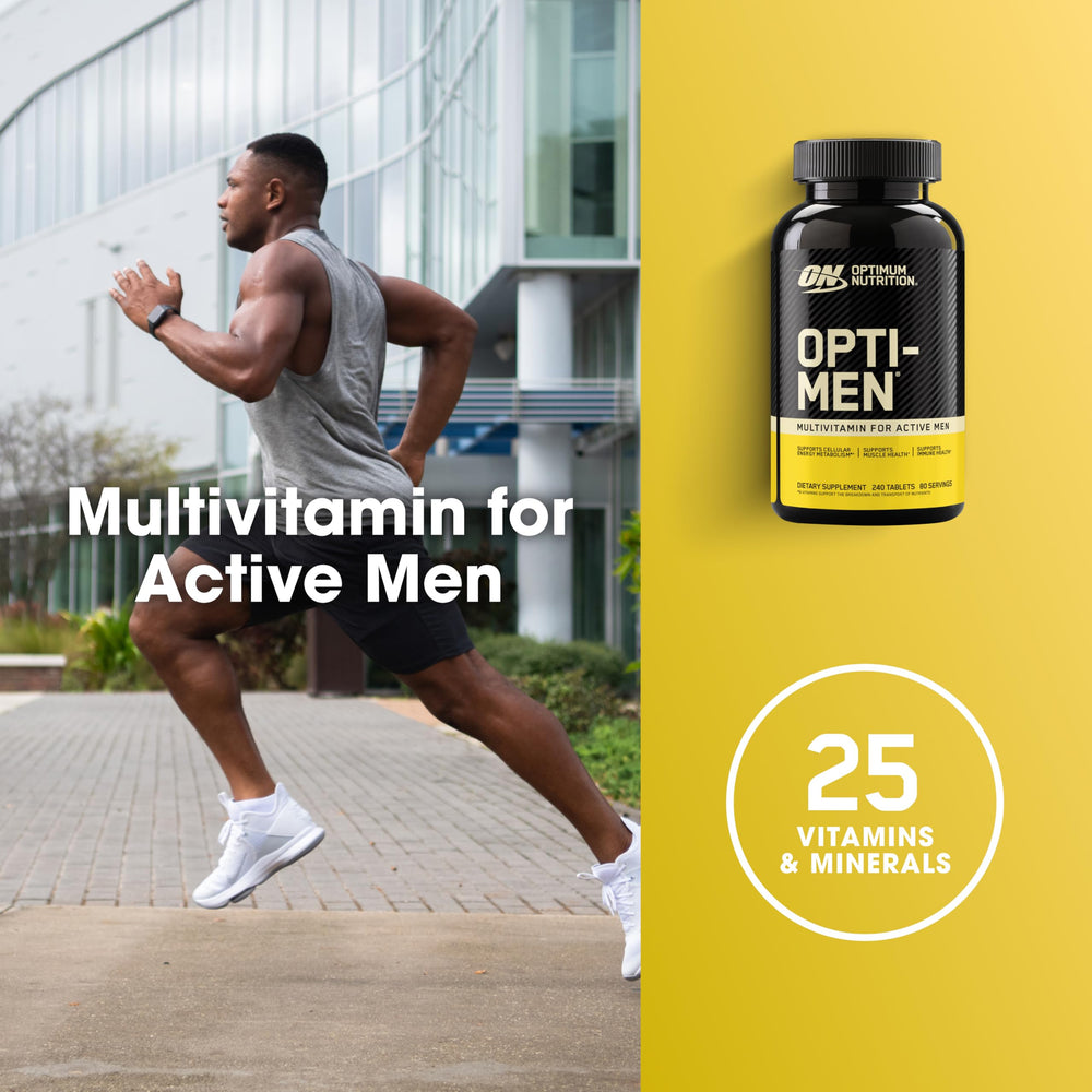 Three Optimum Nutrition Opti-Men tablets next to a glass of water demonstrating serving size