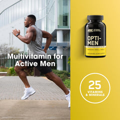 Three Optimum Nutrition Opti-Men tablets next to a glass of water demonstrating serving size