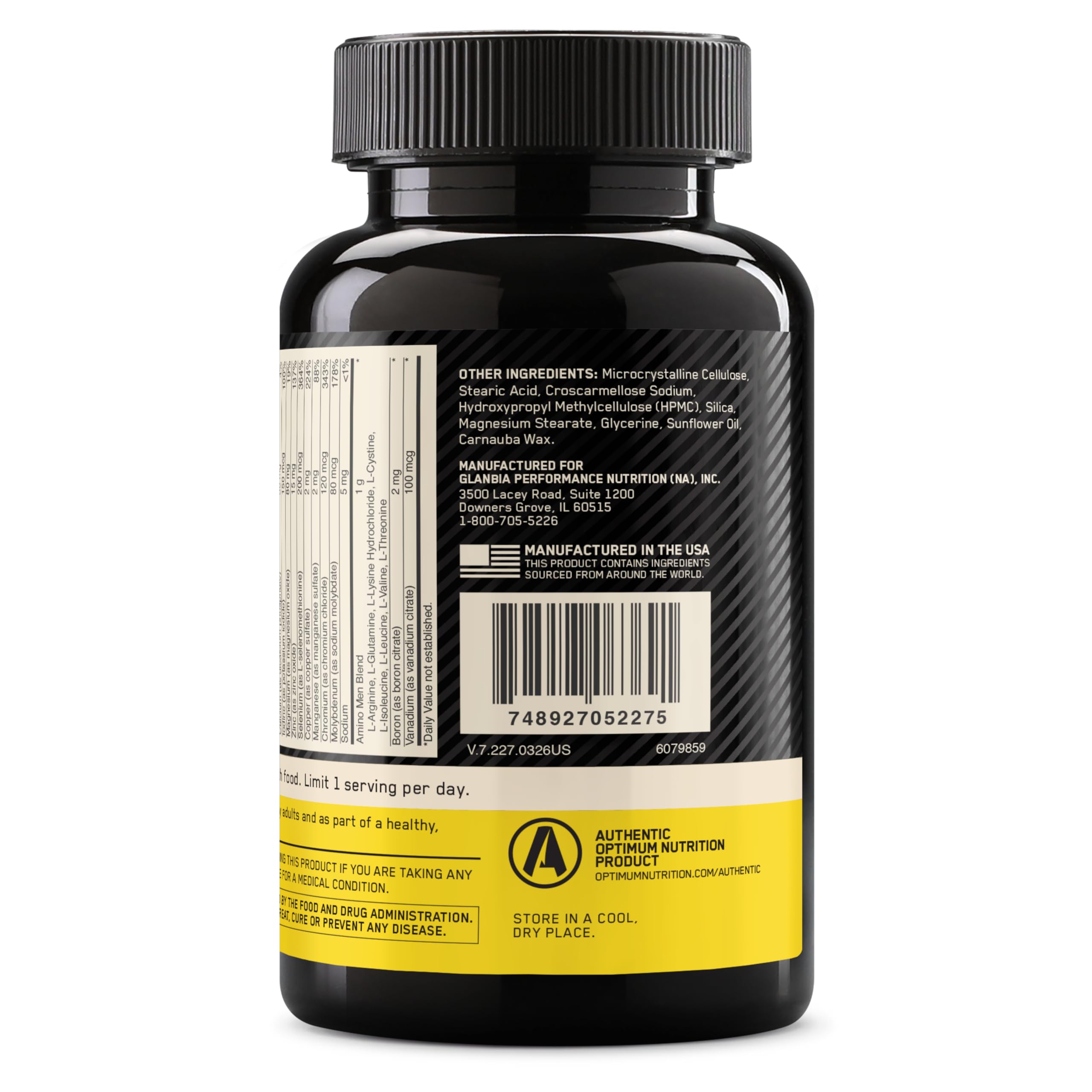 Hand holding Optimum Nutrition Opti-Men bottle to show size and travel-friendly scale