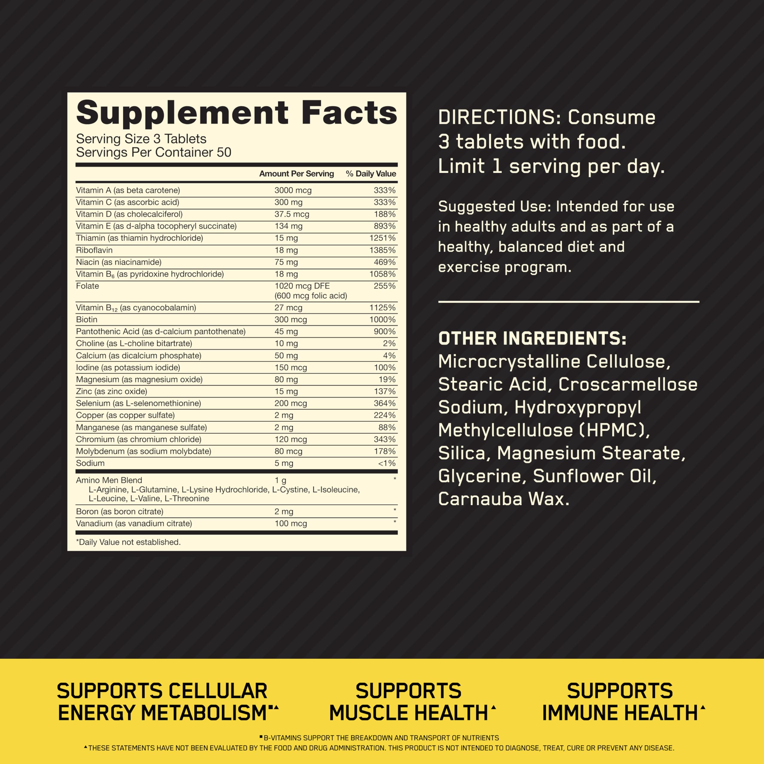 Close-up of Optimum Nutrition Opti-Men tablets texture showing easy-to-swallow finish