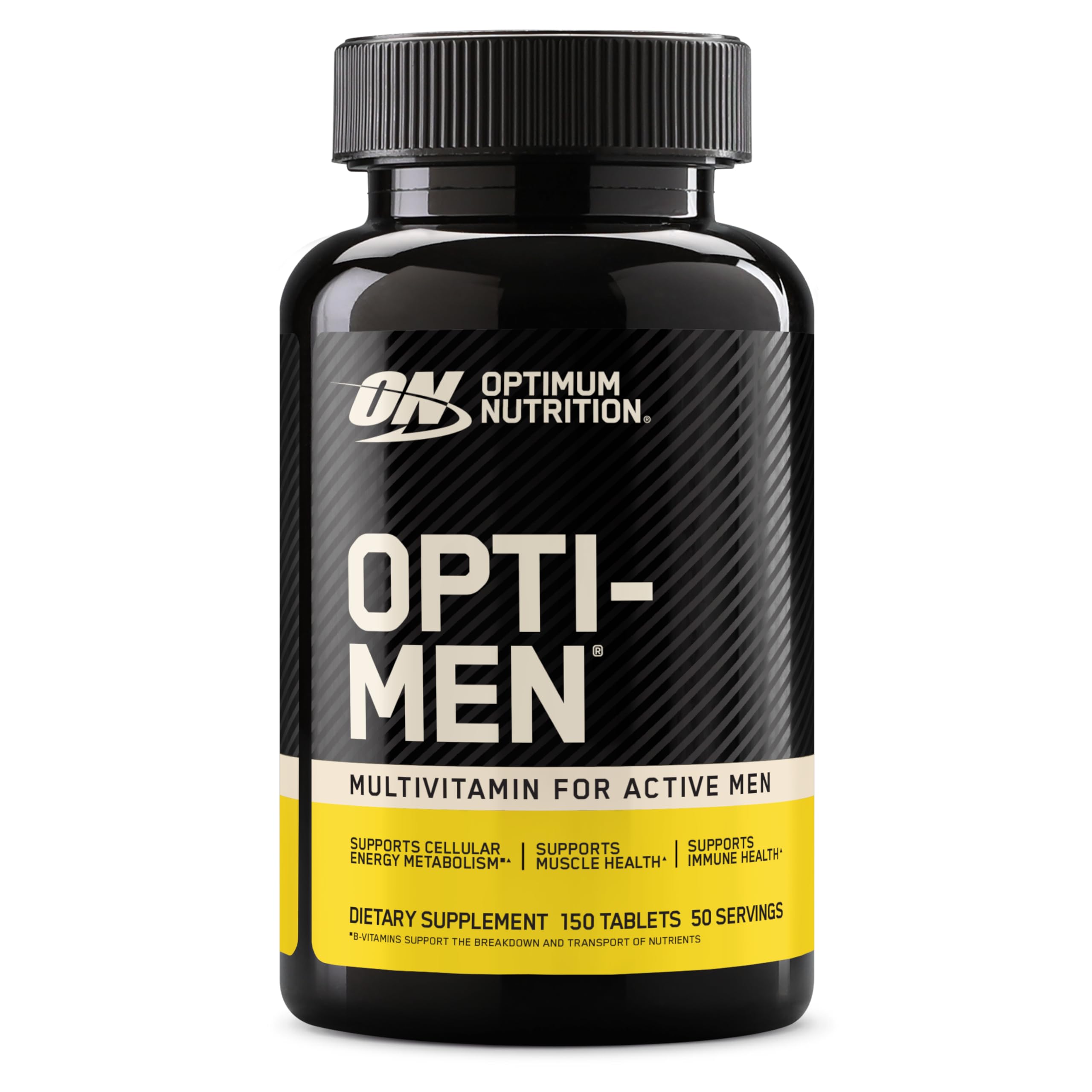 Palm with Optimum Nutrition Opti-Men tablets illustrating tablet shape and count
