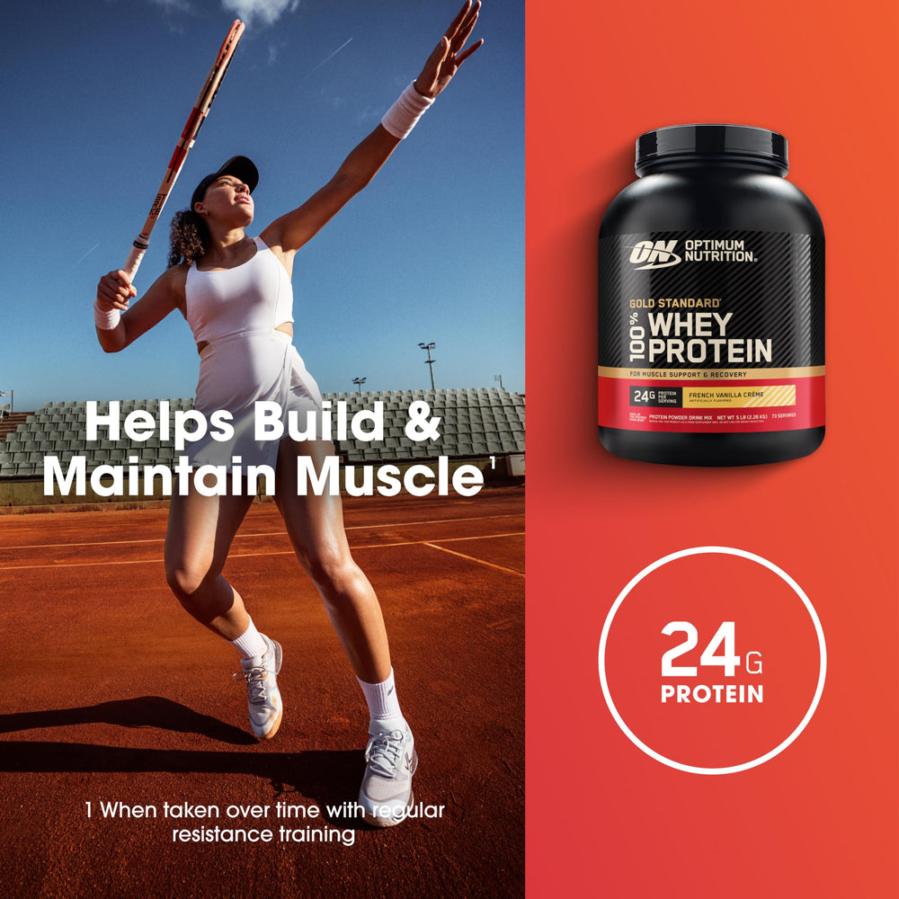 Optimum Nutrition mixed French Vanilla shake in a shaker cup, convenient post-workout fuel