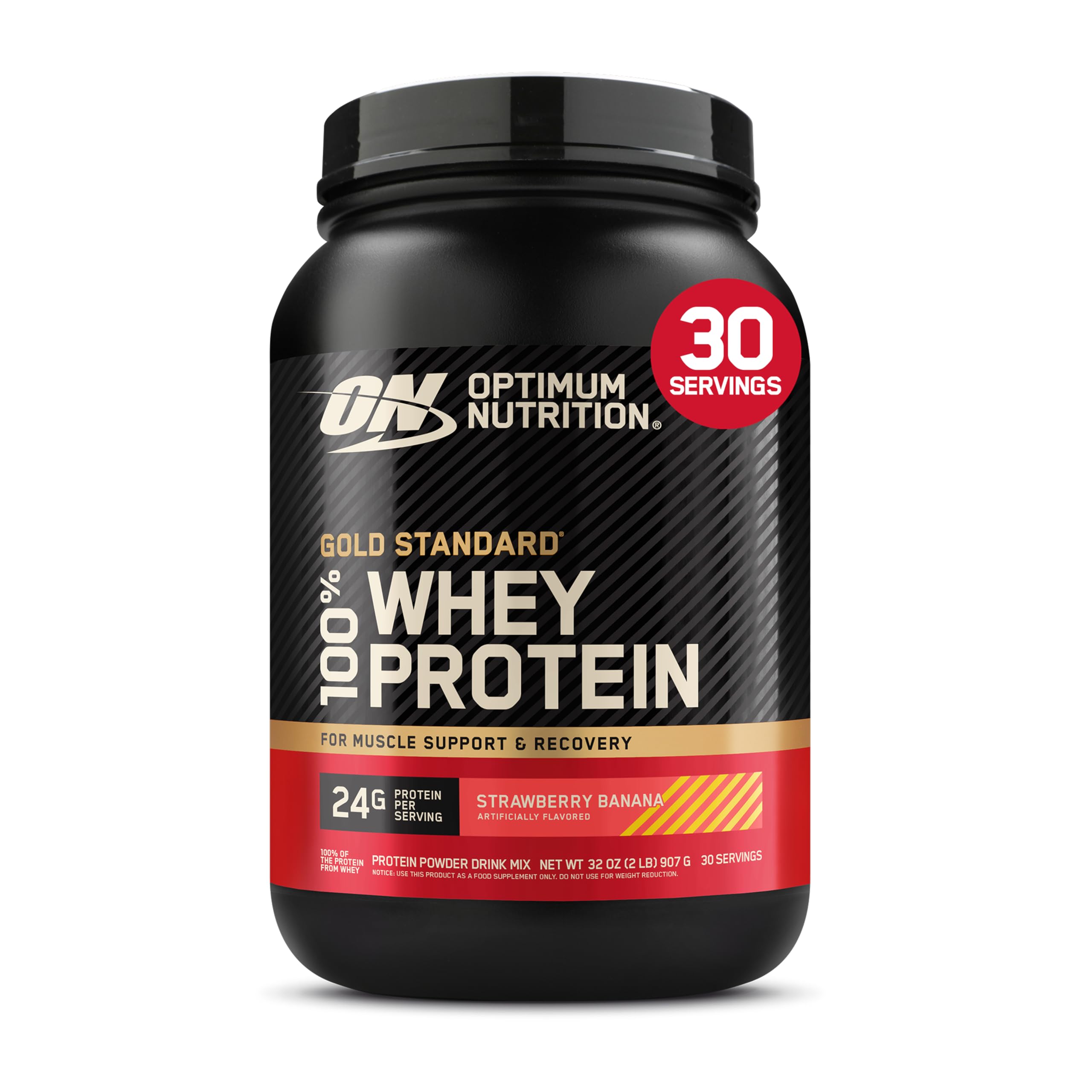 Optimum Nutrition front tub showing Strawberry Banana flavor and quick identification benefit