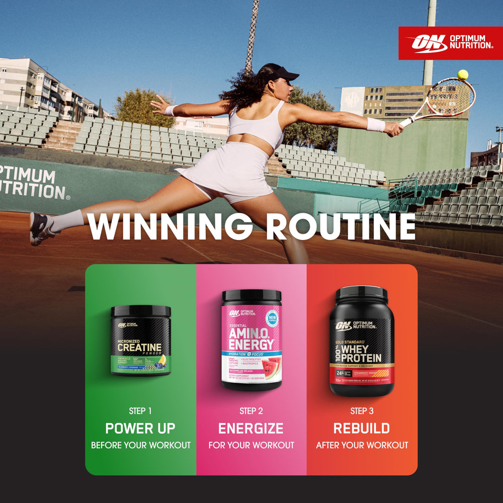 Optimum Nutrition product styled after a workout showing recovery-focused usage benefit