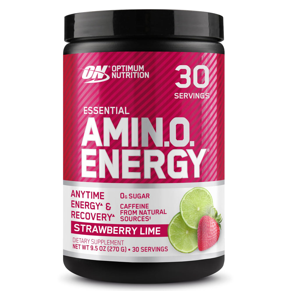 Optimum Nutrition front packaging showing strawberry lime flavor and benefit energy