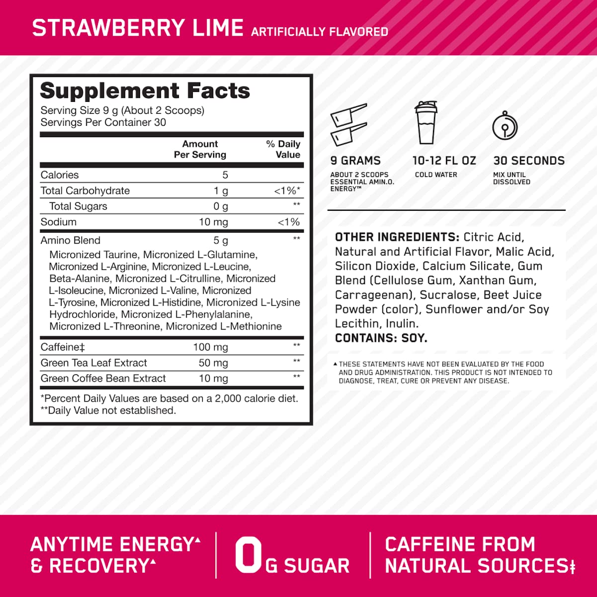 Optimum Nutrition label close-up highlighting serving info and product quality benefits