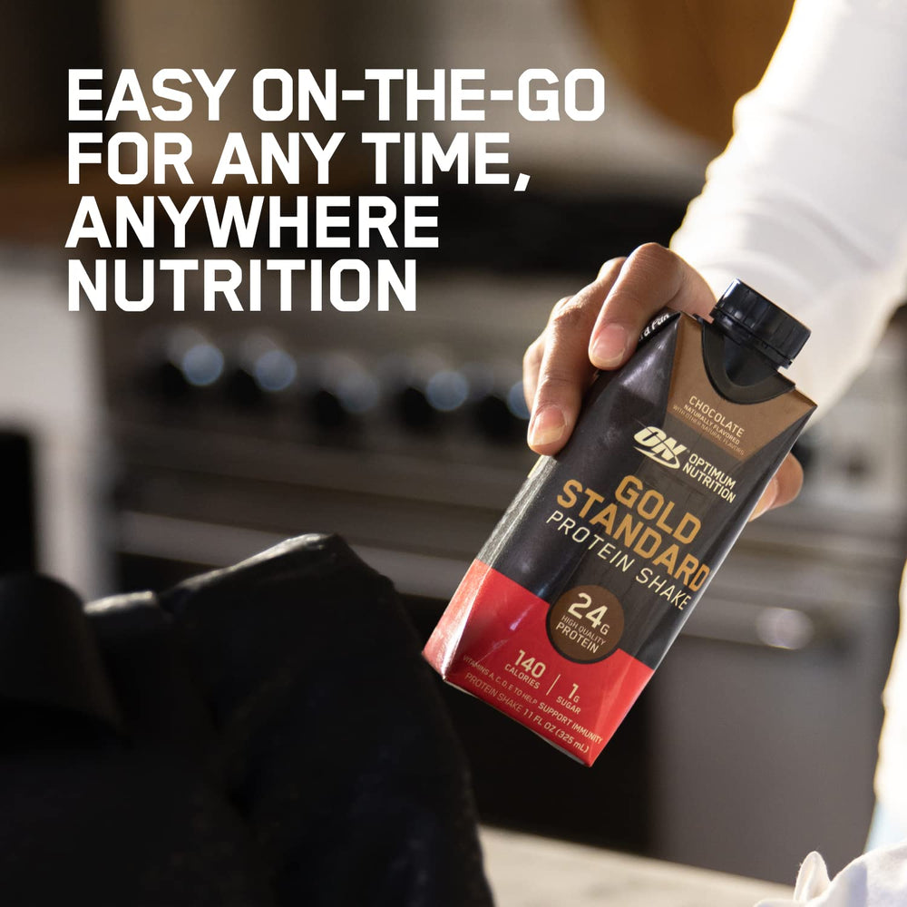 Optimum Nutrition bottle tucked in gym bag showing portable post-workout convenience