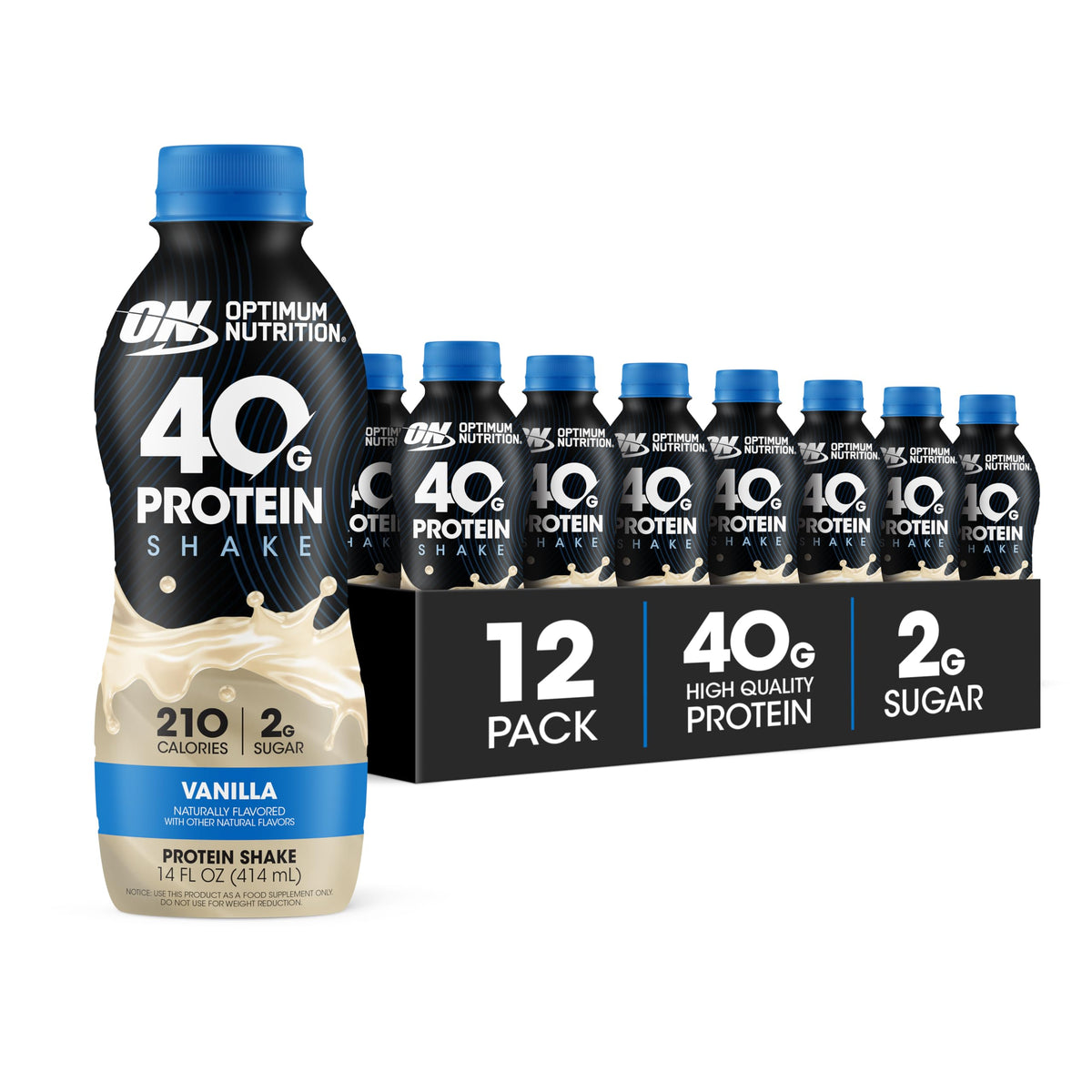 Optimum Nutrition vanilla front packaging showing clear protein messaging and convenience