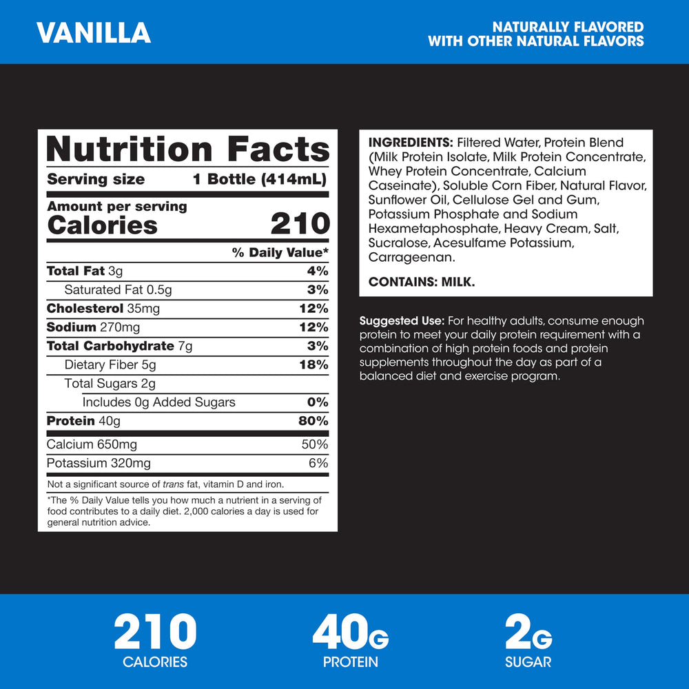 Optimum Nutrition vanilla nutrition label close-up highlighting 40g protein per bottle