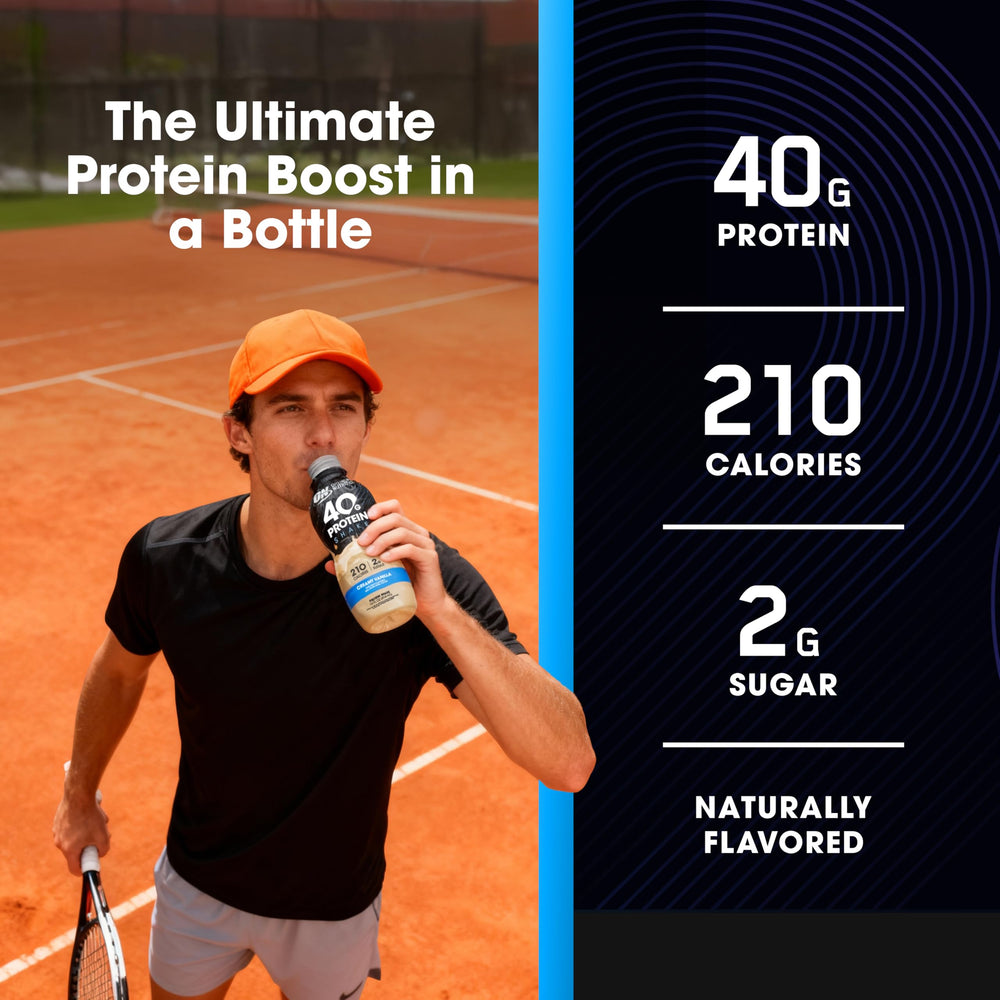 Optimum Nutrition vanilla being poured into a glass showing creamy, ready-to-drink texture
