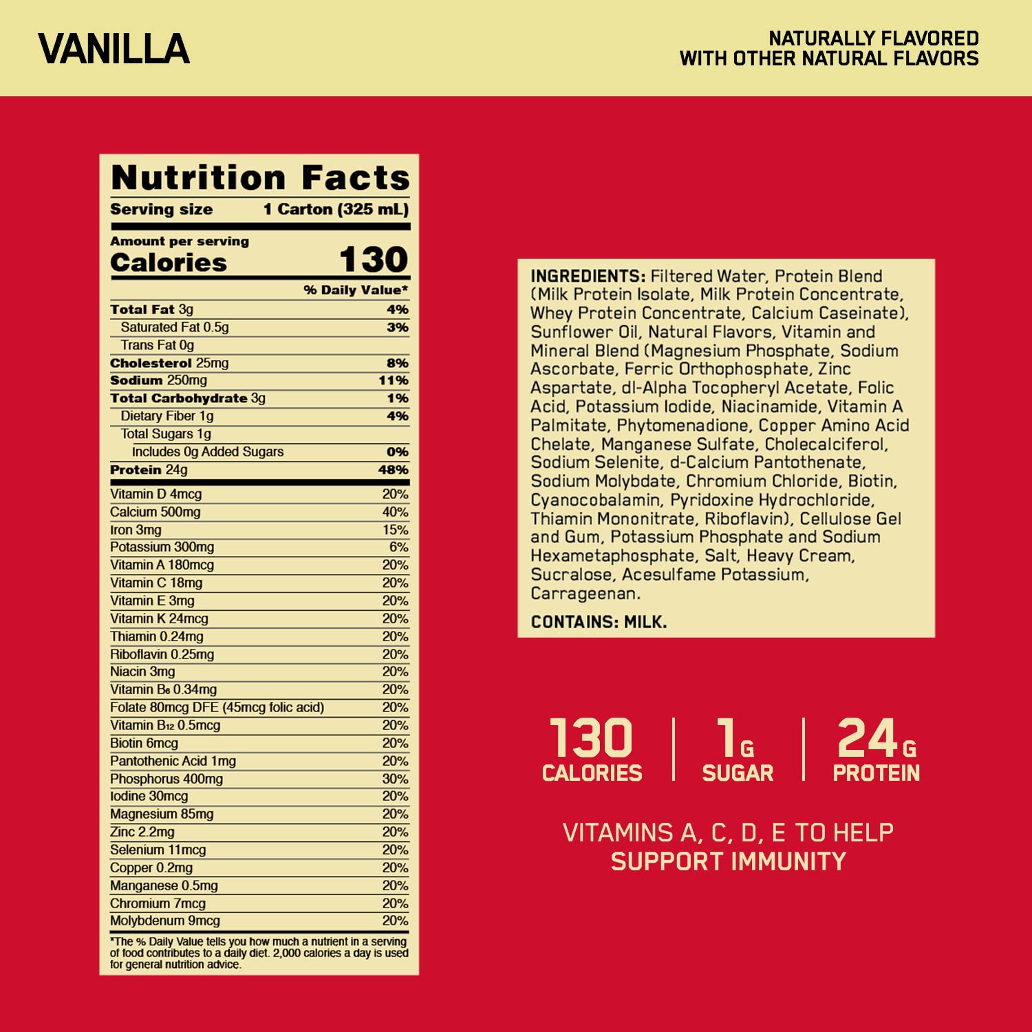 Optimum Nutrition side label and nutrition facts highlighting protein and vitamin content