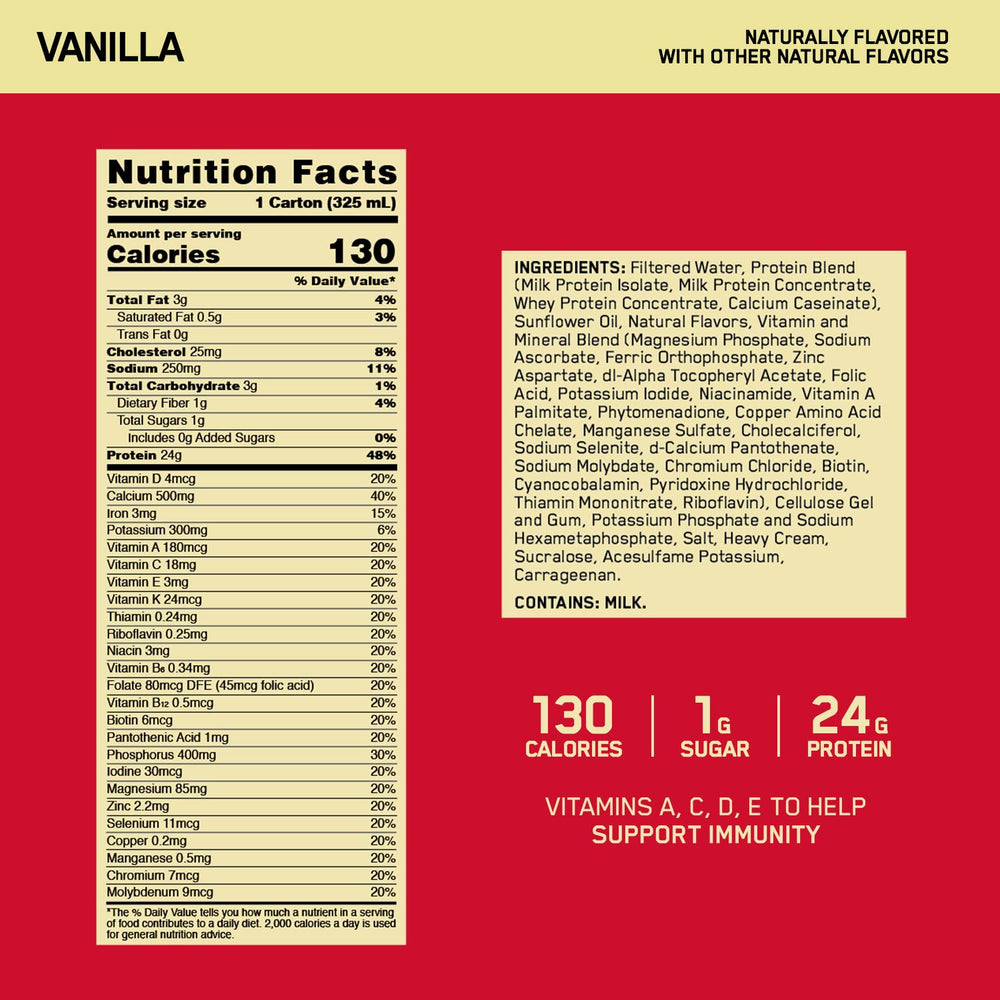 Optimum Nutrition side label and nutrition facts highlighting protein and vitamin content