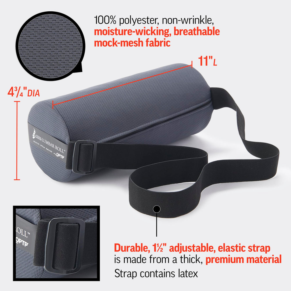 OPTP lumbar roll attached to office chair providing posture support