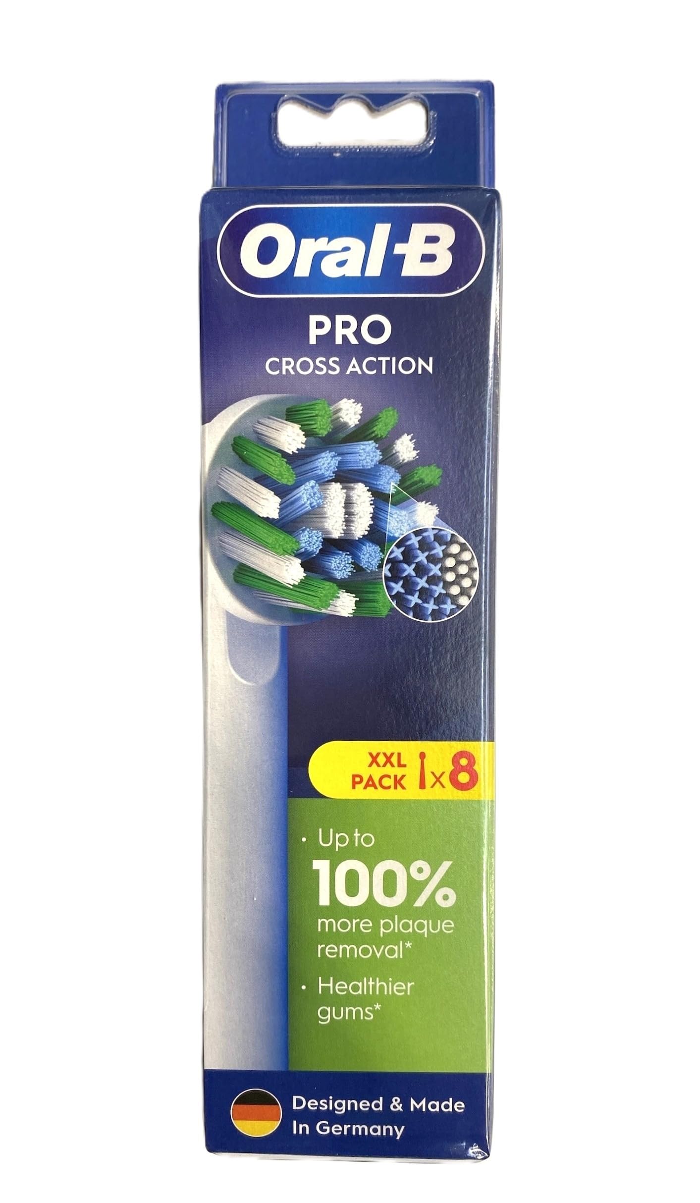 Oral-B CrossAction front view showing pack of eight heads and easy replacement benefit