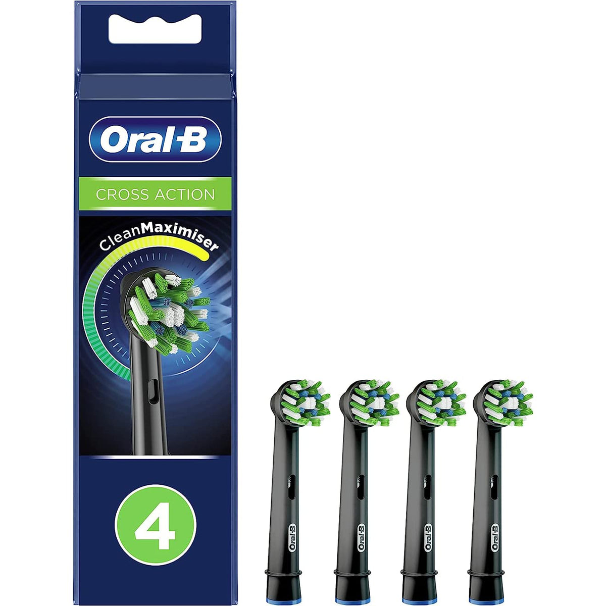 Oral-B front packaging showing four black CrossAction heads and pack benefits