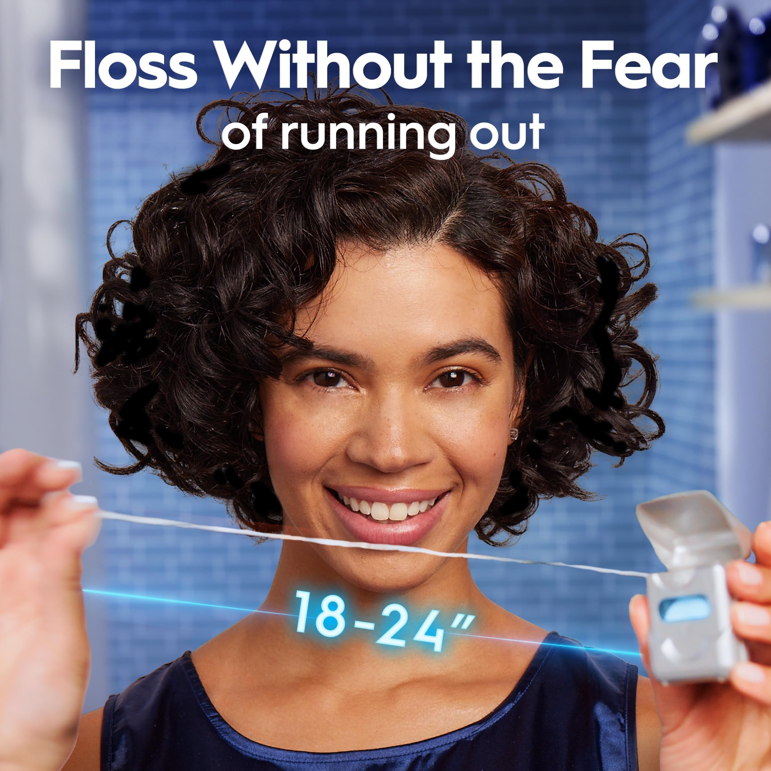 Oral-B floss sliding between teeth to remove plaque below gum line