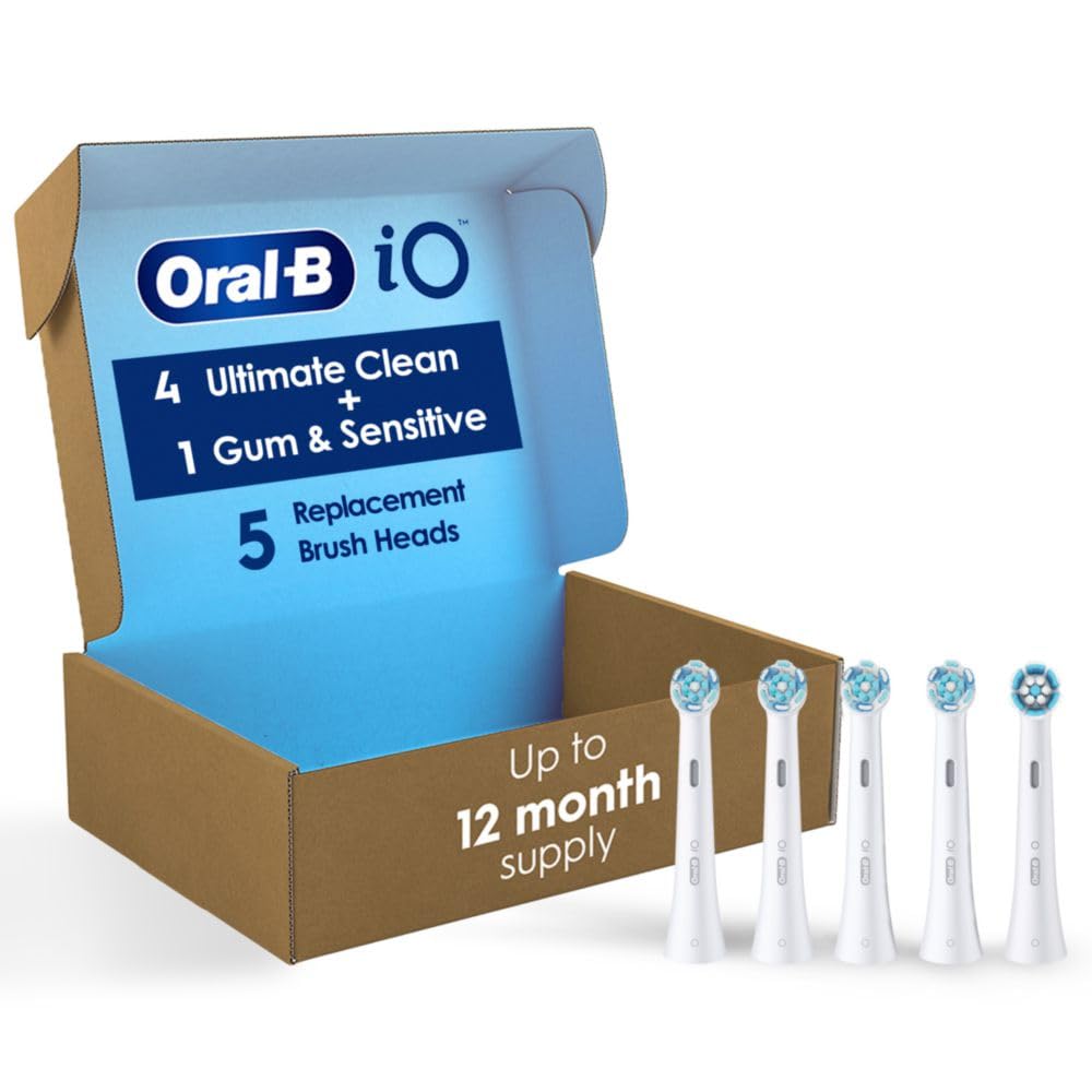 Oral-B front packaging showing five replacement heads and brand benefit