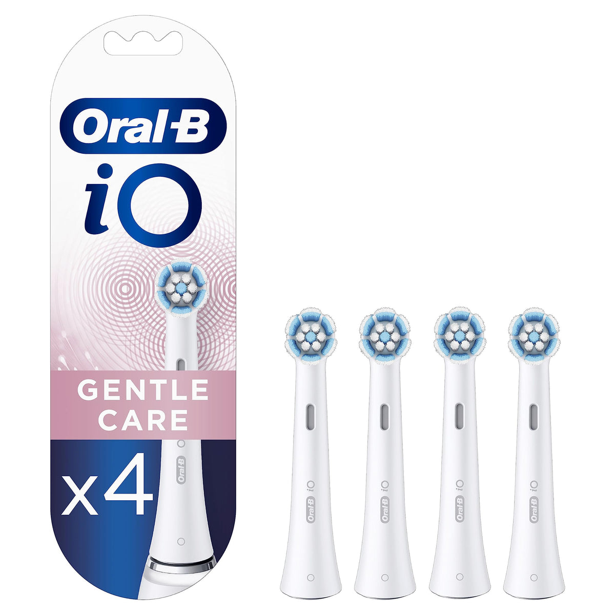 Oral-B iO Gentle Care front packaging showing four replacement heads for convenience