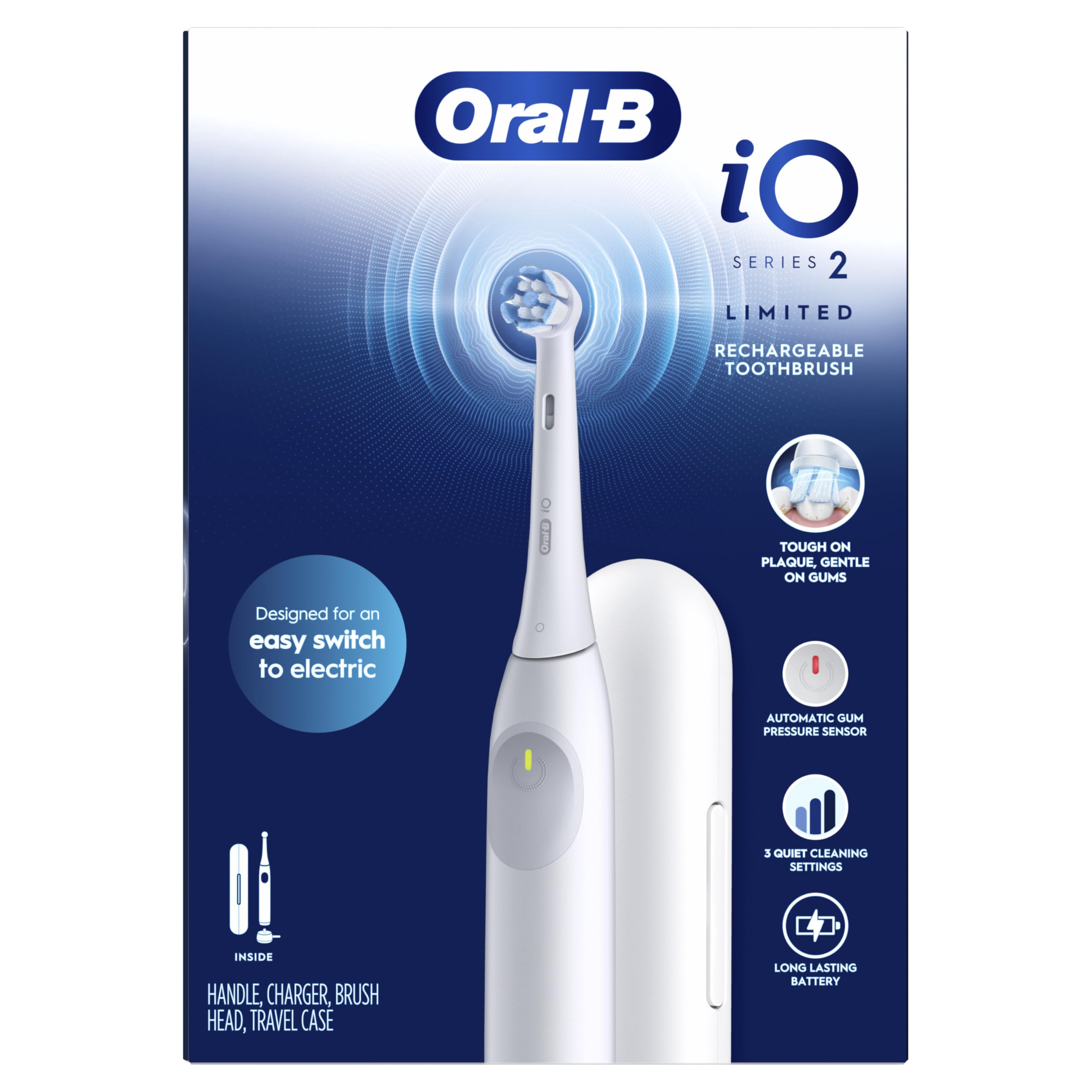 Unboxed Oral-B kit showing toothbrush, travel case, and charger for easy setup and maintenance