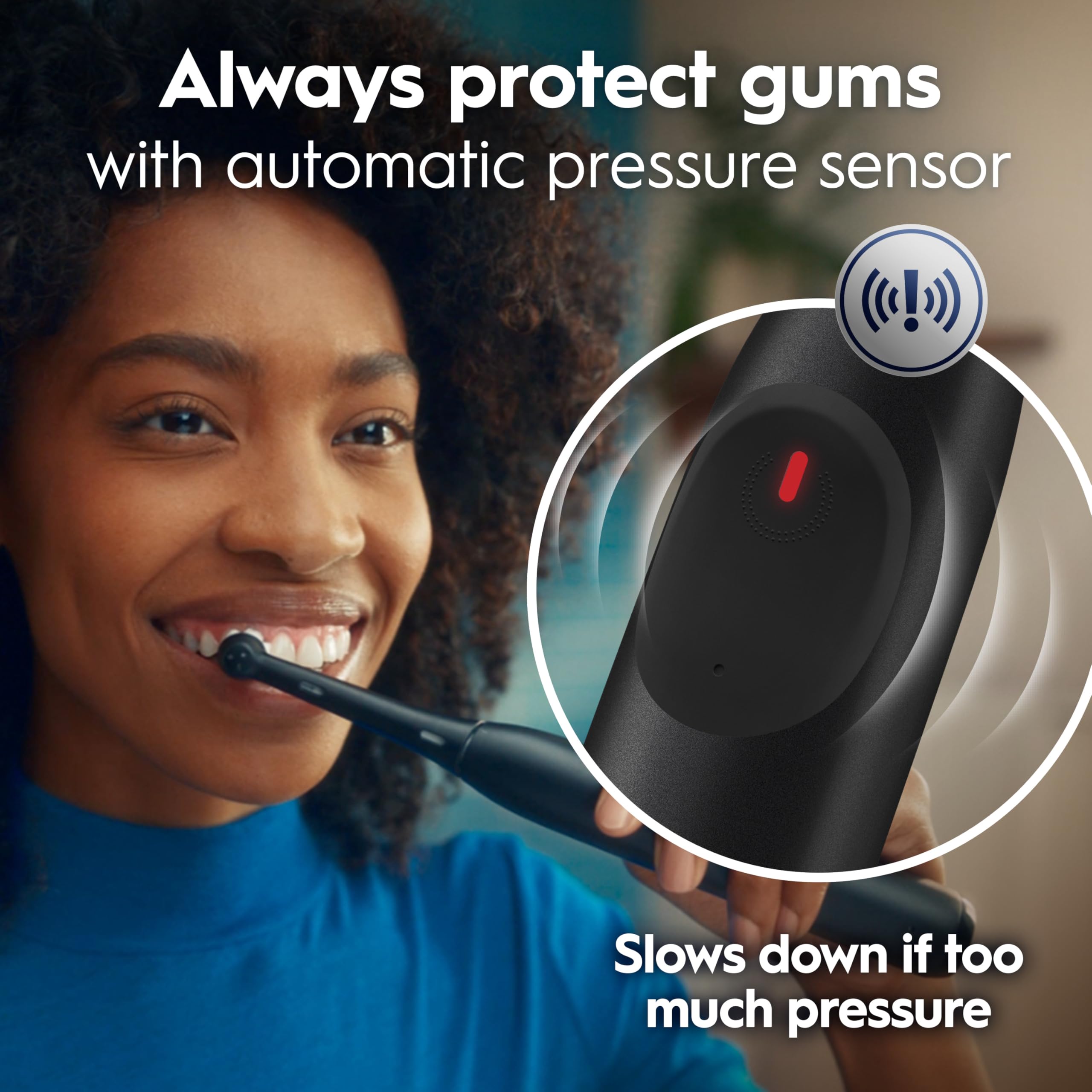 Oral-B handle pressure sensor glowing red to indicate too much force and protect gums