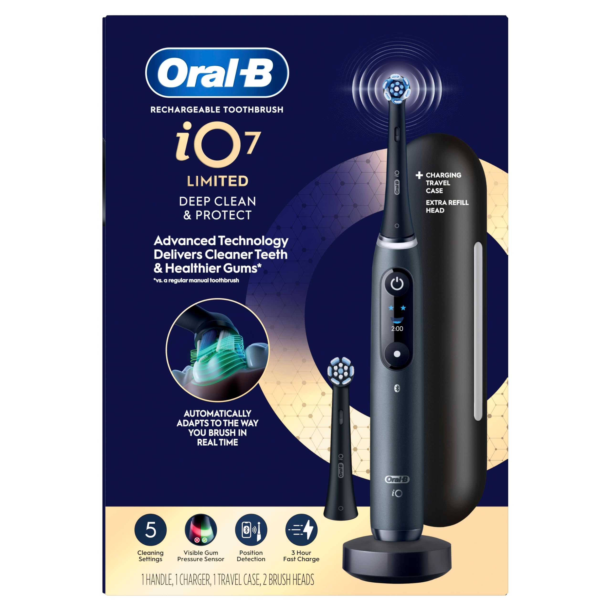 Oral-B battery life icon on display representing up to two-week charge for travel convenience
