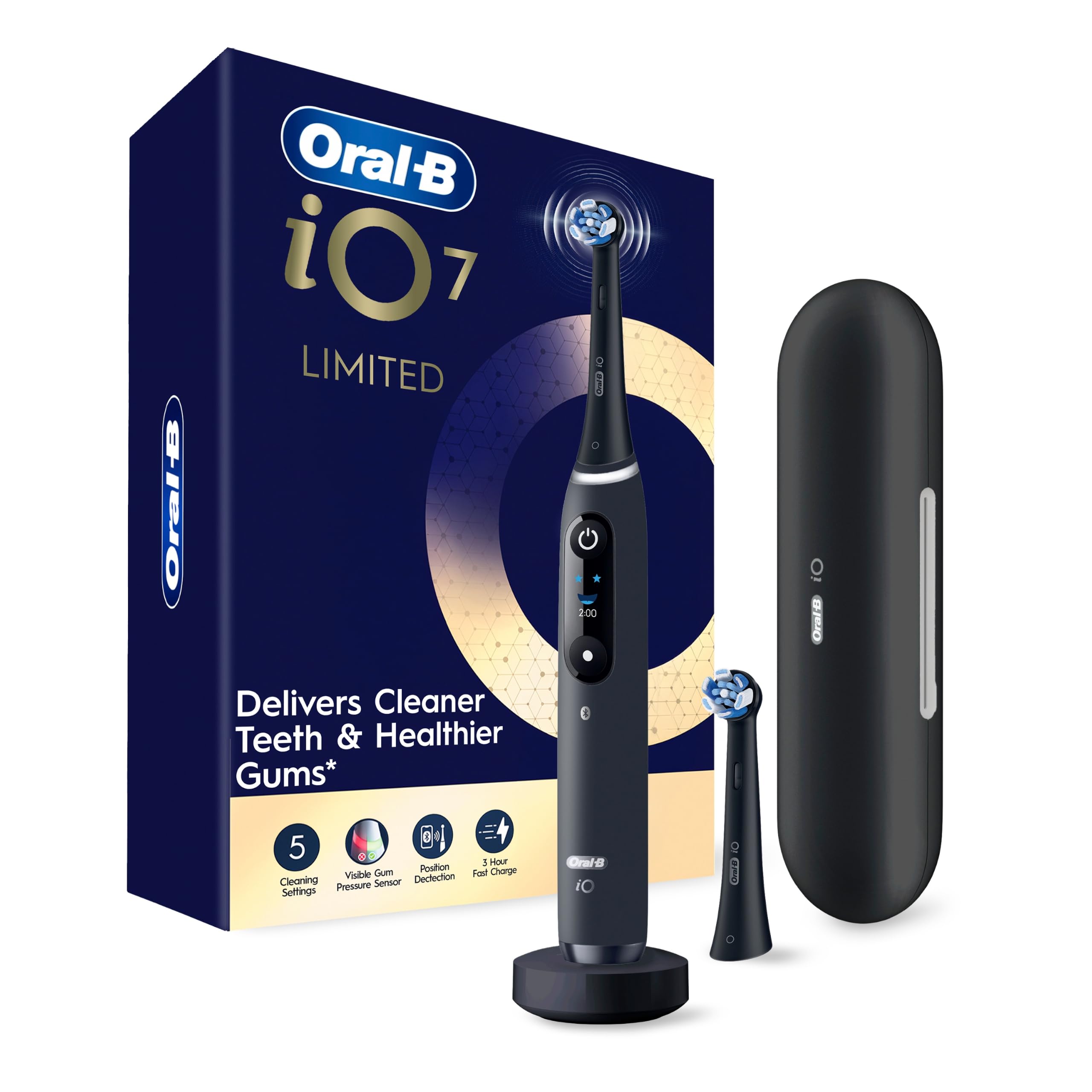Oral-B iO Series 7 front view showing sleek black handle and brush head for powerful cleaning