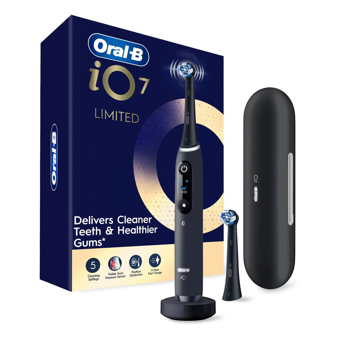 Oral-B iO Series 7 front view showing sleek black handle and brush head for powerful cleaning