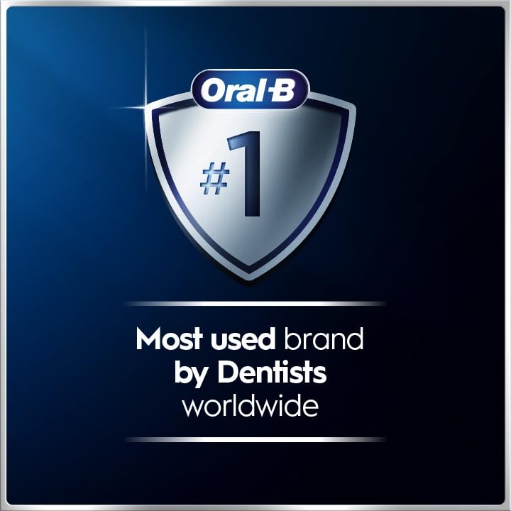 Oral-B toothbrush in use with smiling person demonstrating thorough coverage and app guidance