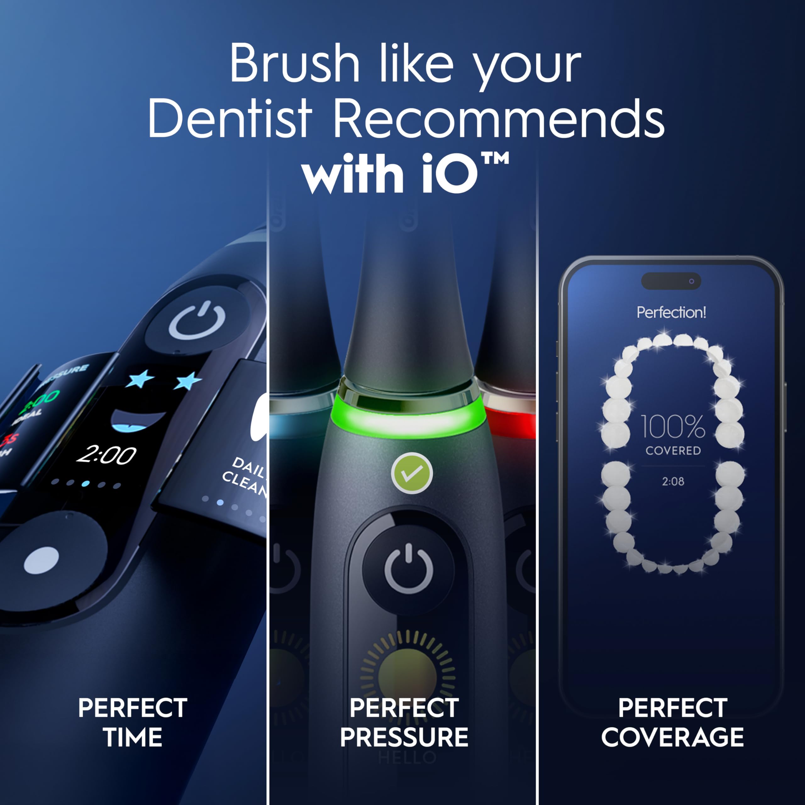 Oral-B iO Series 9 four replacement brush heads laid out for convenient swapping benefit