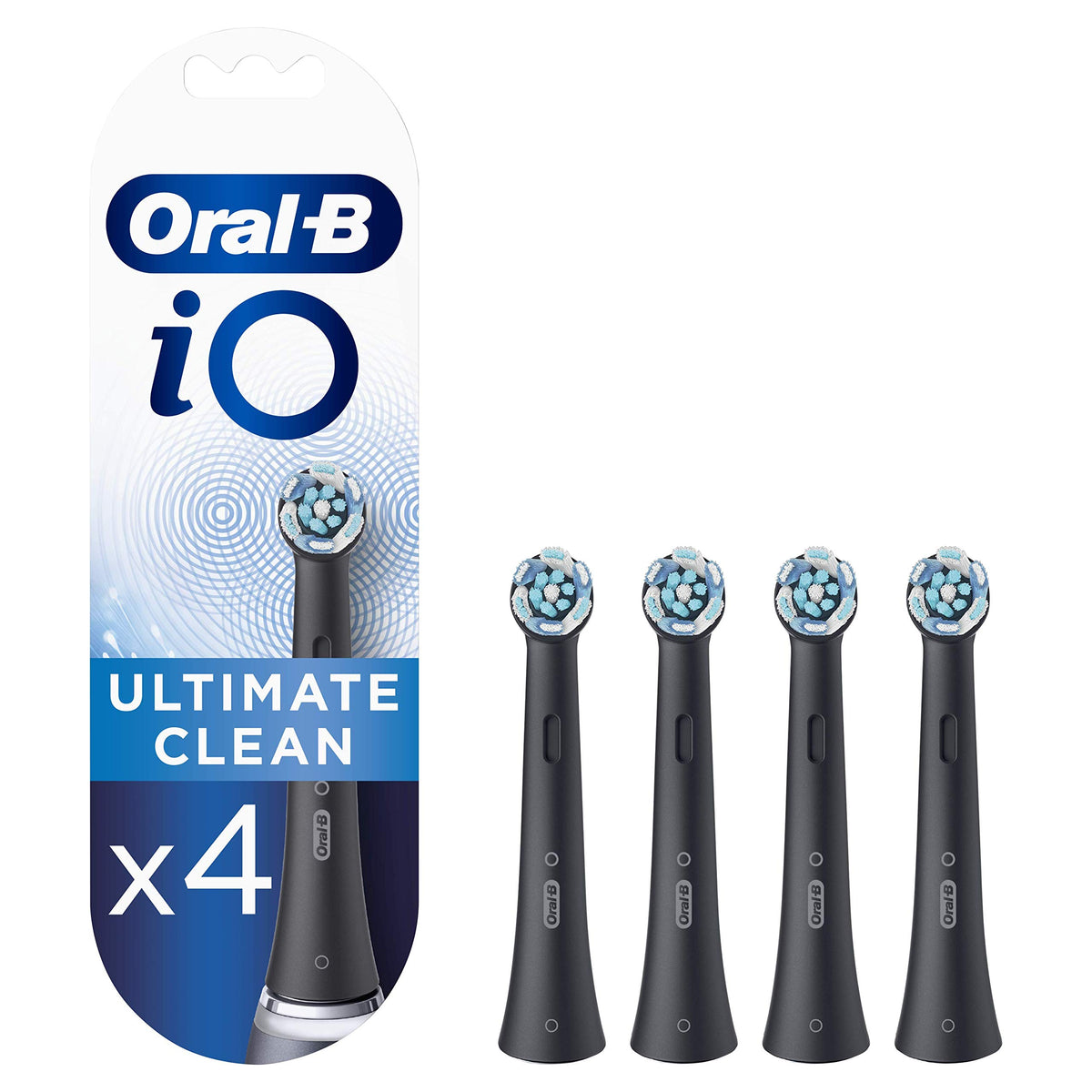 Oral-B close-up front packaging showing four black replacement heads and clear labeling for convenience