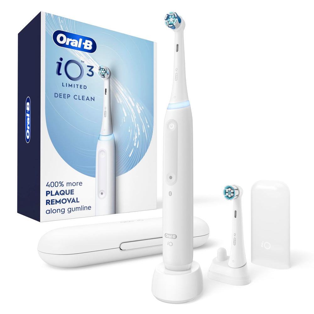 Oral-B front view of iO3 toothbrush showing sleek white handle and head for deep clean