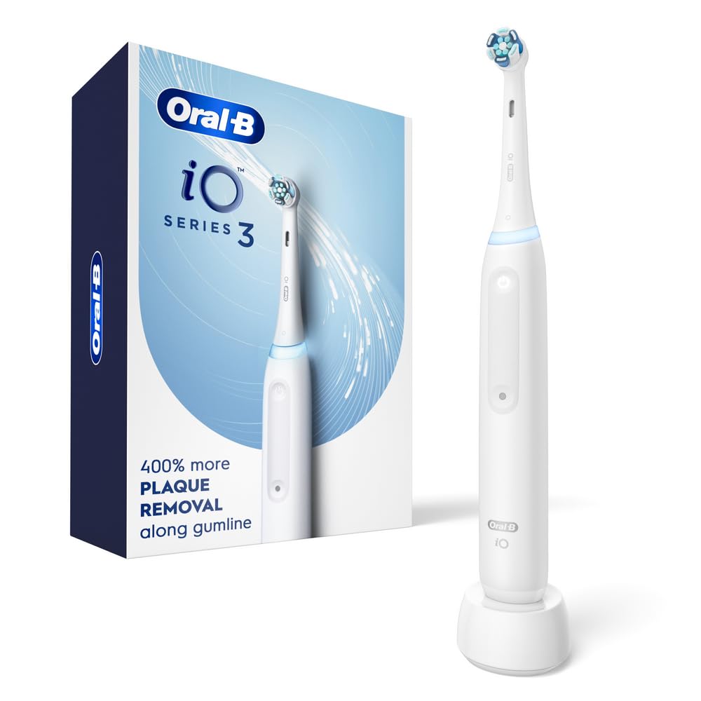 Oral-B iO3 front view showing clean white design and ergonomic benefits